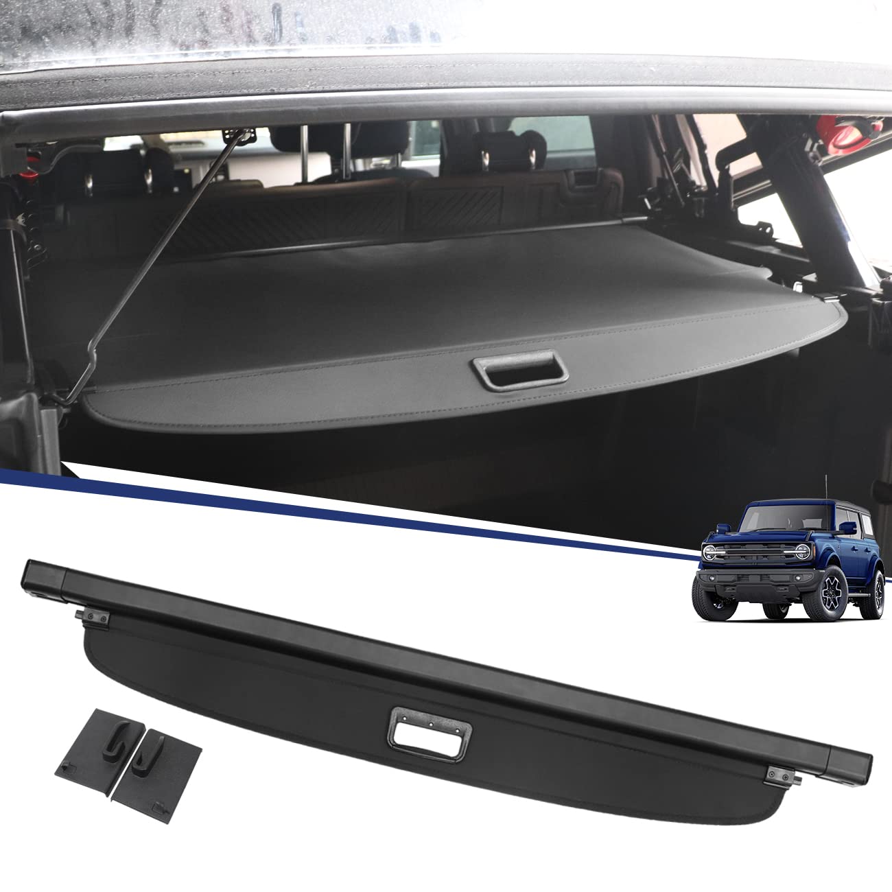 HIBRONGO Retractable Cargo Cover Compatible with Ford Bronco 4 Doors Soft Top Version 2021 2022 Accessories Car Trunk Partition Privacy Tonneau Cover Rear boot Shield Shade Black