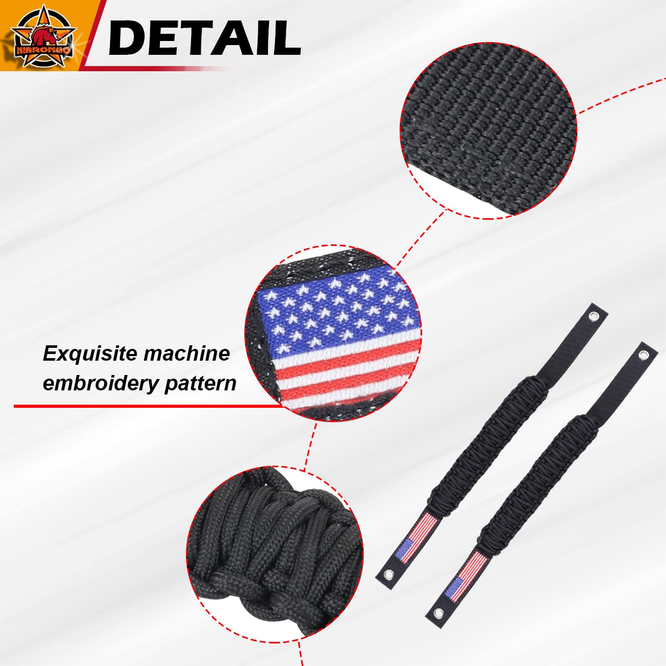 HIBRONGO Car Interior Roll Bar Grab Paracord Handles Compatible with for Ford Bronco 2021 2022 2 Door 4 Door Accessories Hand Grip Rope With US America Flag Embroider Pattern 2 Pcs Black