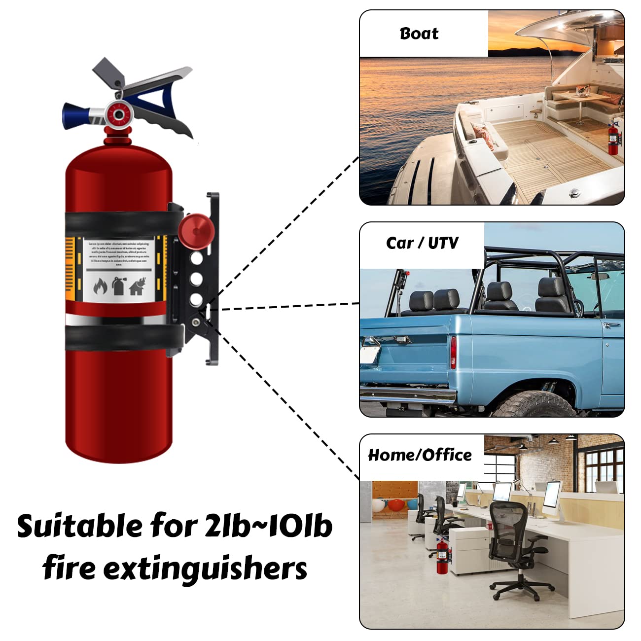 HIBRONGO Roll Cage Bar Fire Extinguisher Mount Aluminum Bracket Kit Compatible with for Ford Bronco Jeep Wrangler TJ JK JT UTV Polaris RZR xp Can-Am X3 with 4 Scratch Proof Adjustable Hose Clamps