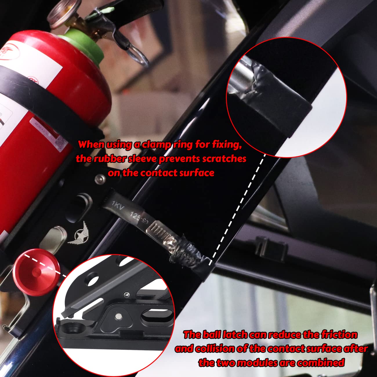 HIBRONGO Fire Extinguisher Mount Holder Aluminum Bracket Kit Compatible with for Ford Bronco Jeep Wrangler TJ JK JT UTV Polaris RZR xp Can-Am X3 quick release roll bar mounting bracket Hose Clamp