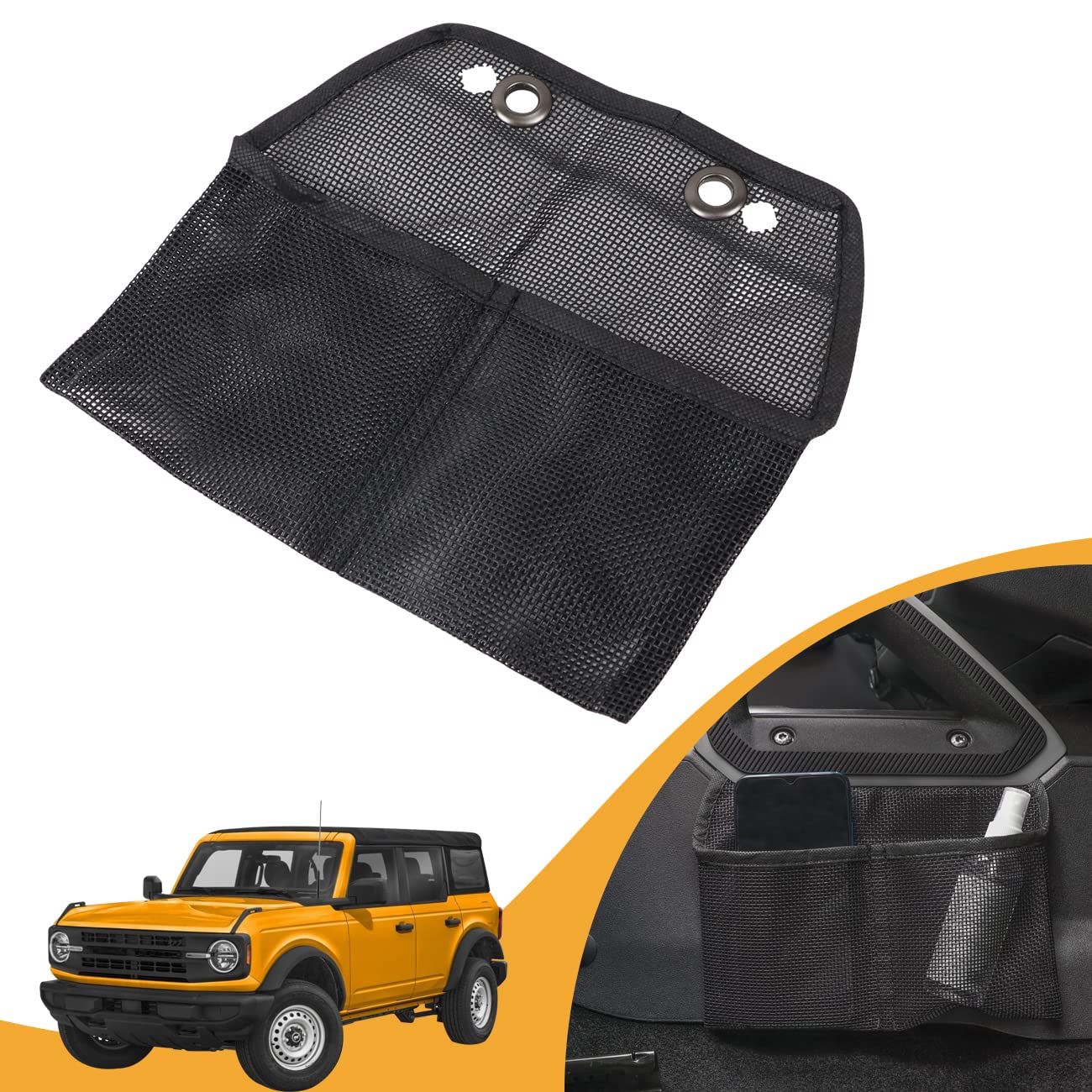 HIBRONGO Car Interior Organizer Storage Mesh Bag Compatible with 2021 2022 Ford Bronco 2 door 4 door Accessories Central Control Handle Passenger Side pocket Pouch