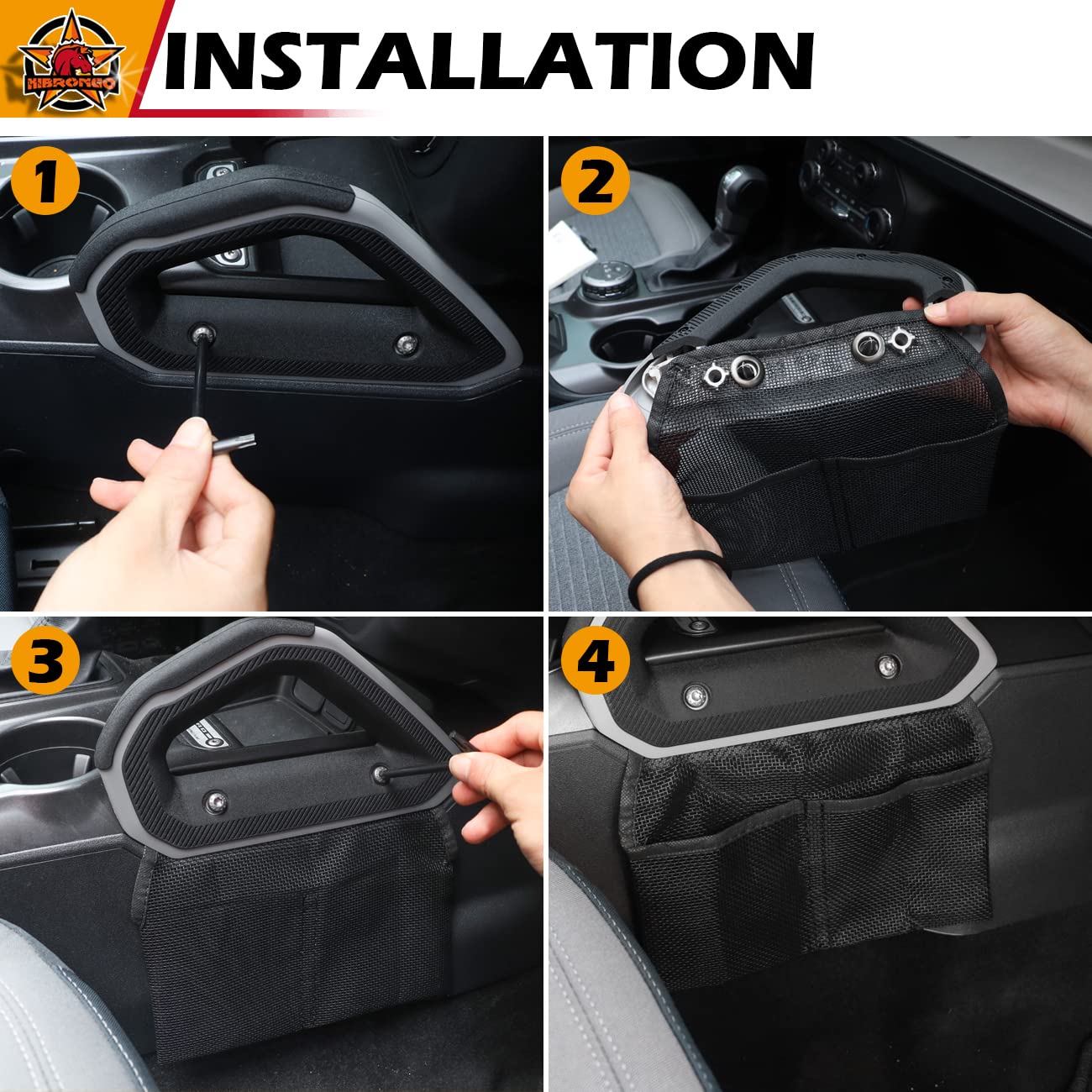 HIBRONGO Car Interior Organizer Storage Mesh Bag Compatible with 2021 2022 Ford Bronco 2 door 4 door Accessories Central Control Handle Passenger Side pocket Pouch