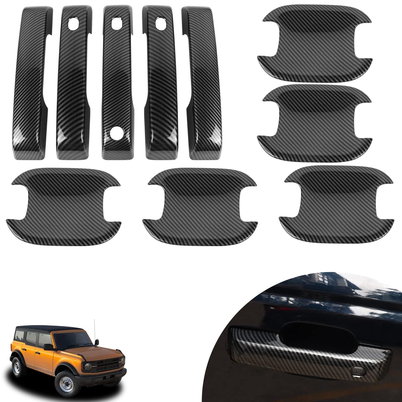 HIBRONGO Car Door Handle Scratch Protector Compatible for 2021 2022 Ford Bronco 4 Door Accessories External Handles Cover Bowl Protection Carbon Fiber Pattern Molding Trim