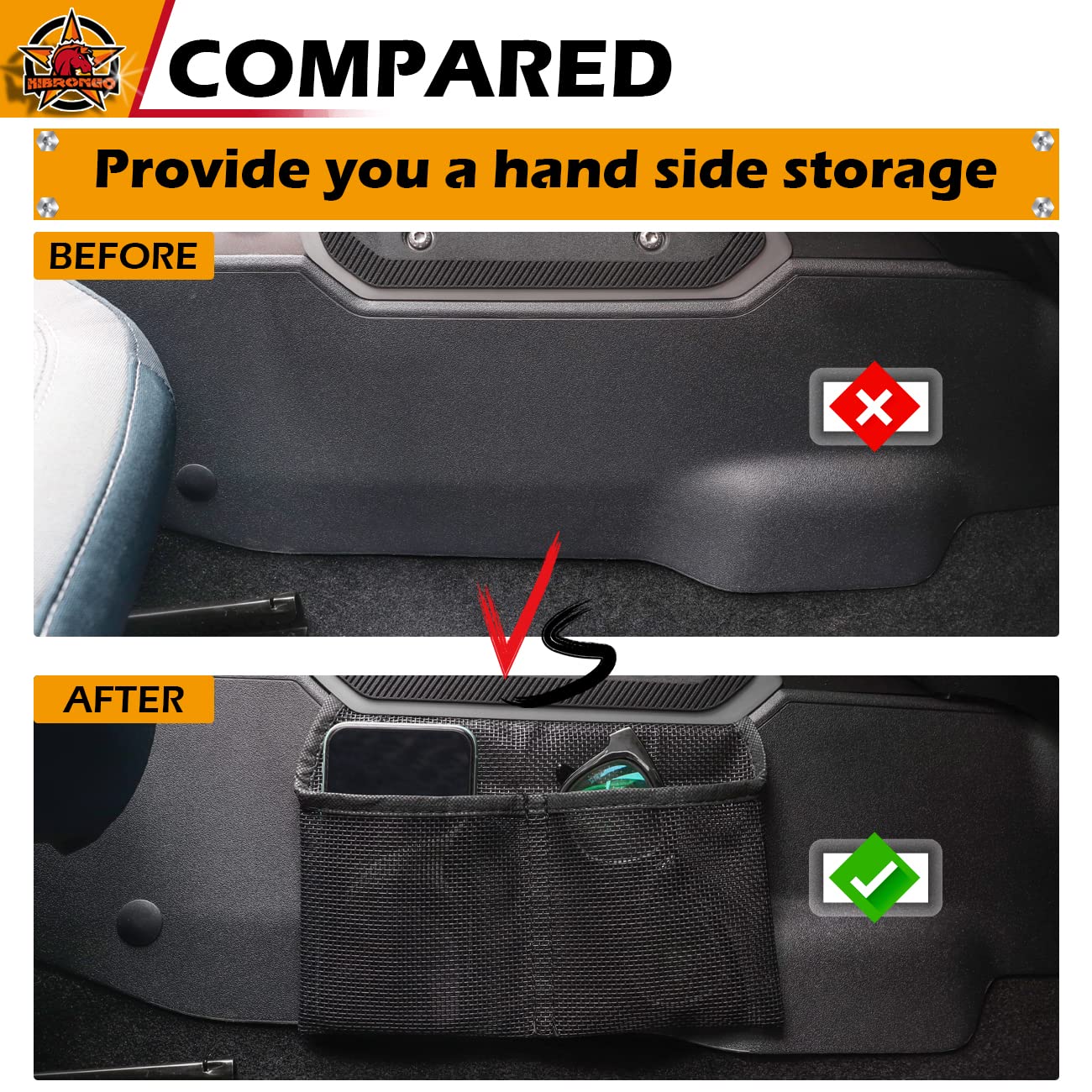 HIBRONGO Car Interior Organizer Storage Mesh Bag Compatible with 2021 2022 Ford Bronco 2 door 4 door Accessories Central Control Handle Passenger Side pocket Pouch